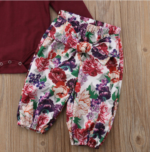Zinnia Set 3PCS Newborn Baby Girls 2021 Red Tops Solid Romper Floral Pants Headband Outfits Autumn Set Clothes