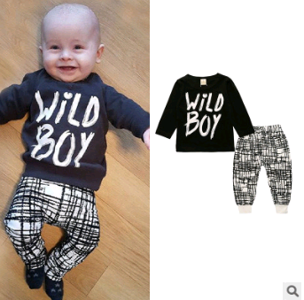 European and American baby clothes spring and autumn long-sleeved T-shirt letter print stripe set