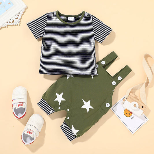 Baby Round Neck Top and Star Overalls Korean Version