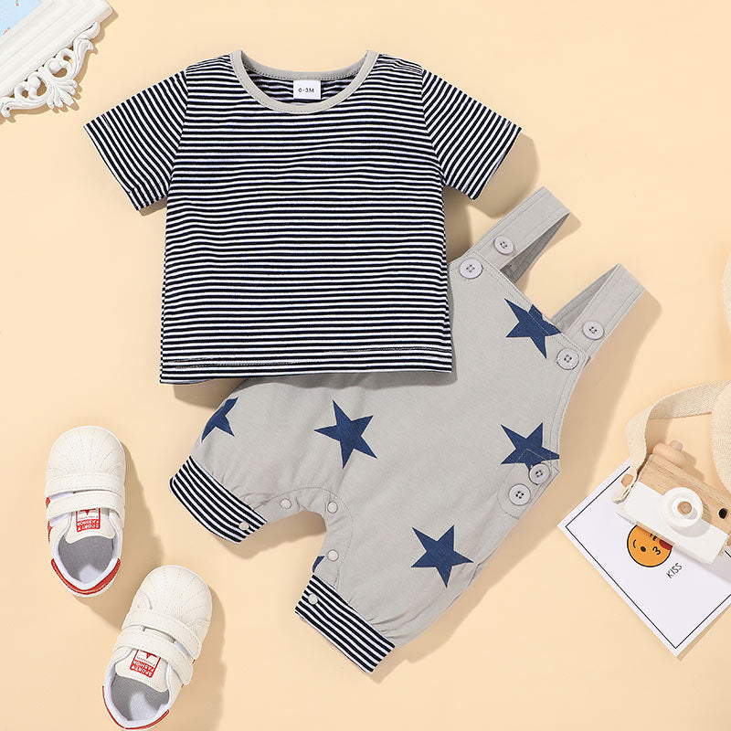 Baby Round Neck Top and Star Overalls Korean Version