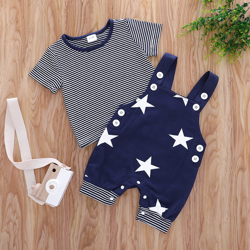 Baby Round Neck Top and Star Overalls Korean Version