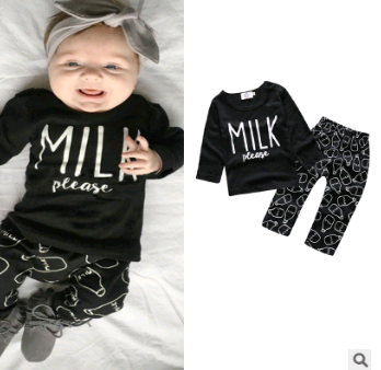 European and American baby clothes spring and autumn long-sleeved T-shirt letter print stripe set