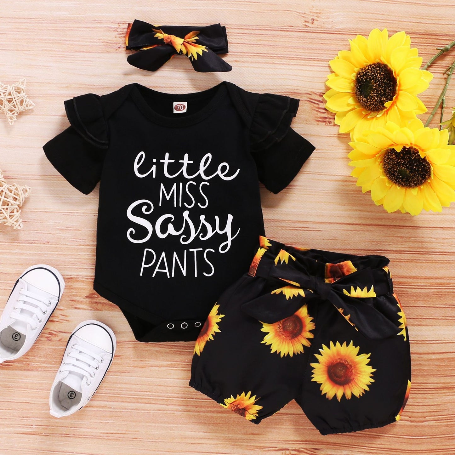 Cute Baby Short Sleeve Letter Jacket Sunflower Shorts Three-piece Set