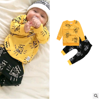European and American baby clothes spring and autumn long-sleeved T-shirt letter print stripe set