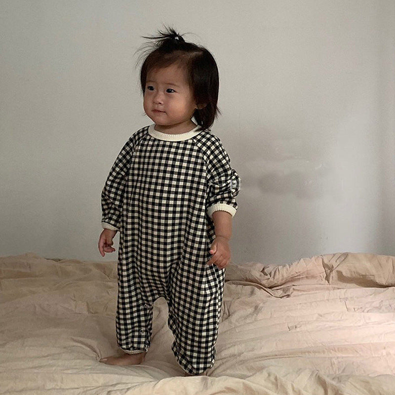 Autumn Newborn Baby Black And White Grid Loose Casual One-piece