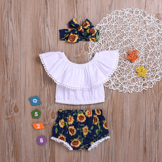 Two-color Baby Ruffled Collar Flower Shorts Headscarf Three-piece Set