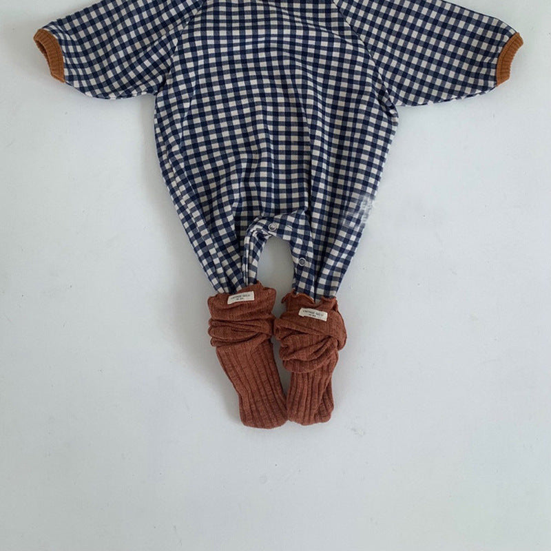 Autumn Newborn Baby Black And White Grid Loose Casual One-piece