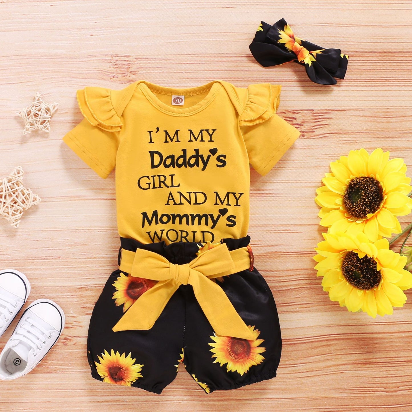 Cute Baby Short Sleeve Letter Jacket Sunflower Shorts Three-piece Set