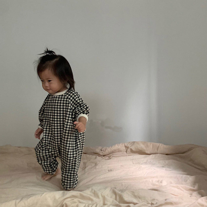 Autumn Newborn Baby Black And White Grid Loose Casual One-piece