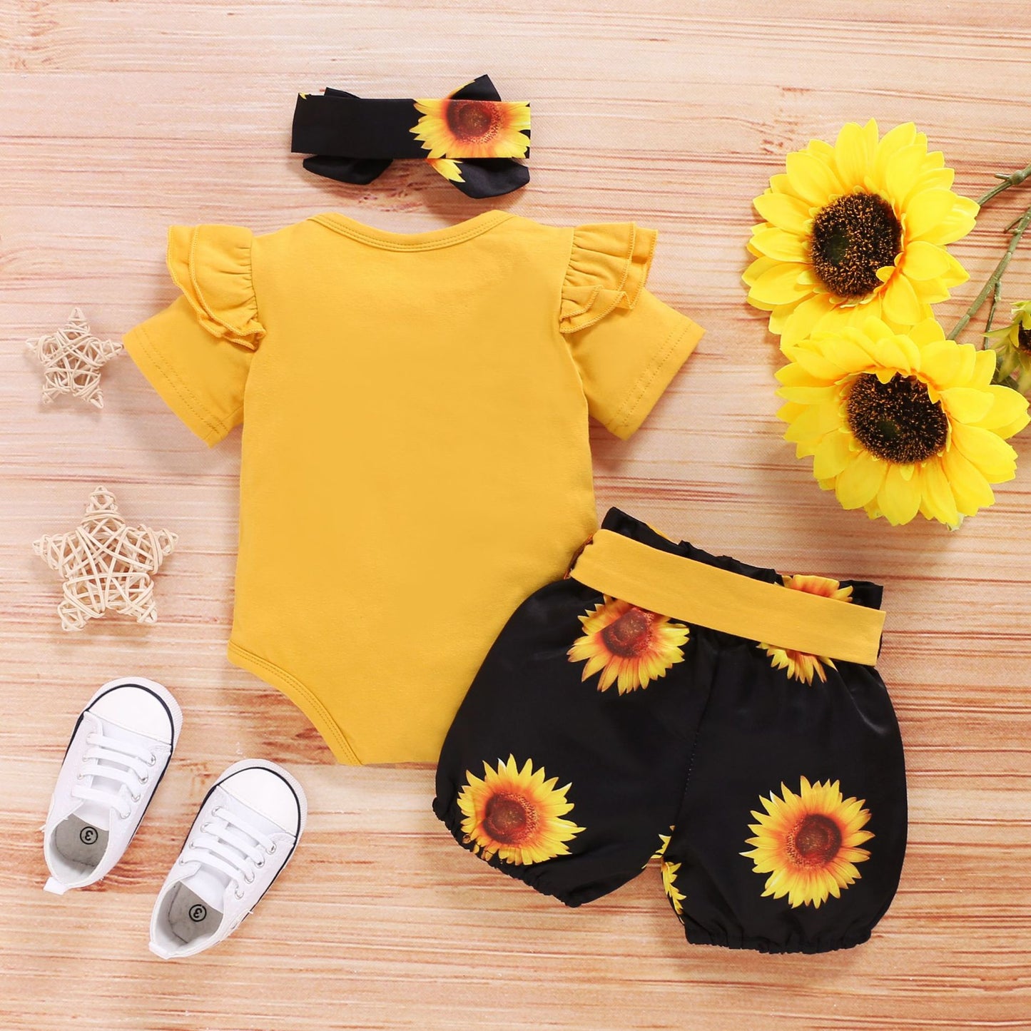 Cute Baby Short Sleeve Letter Jacket Sunflower Shorts Three-piece Set