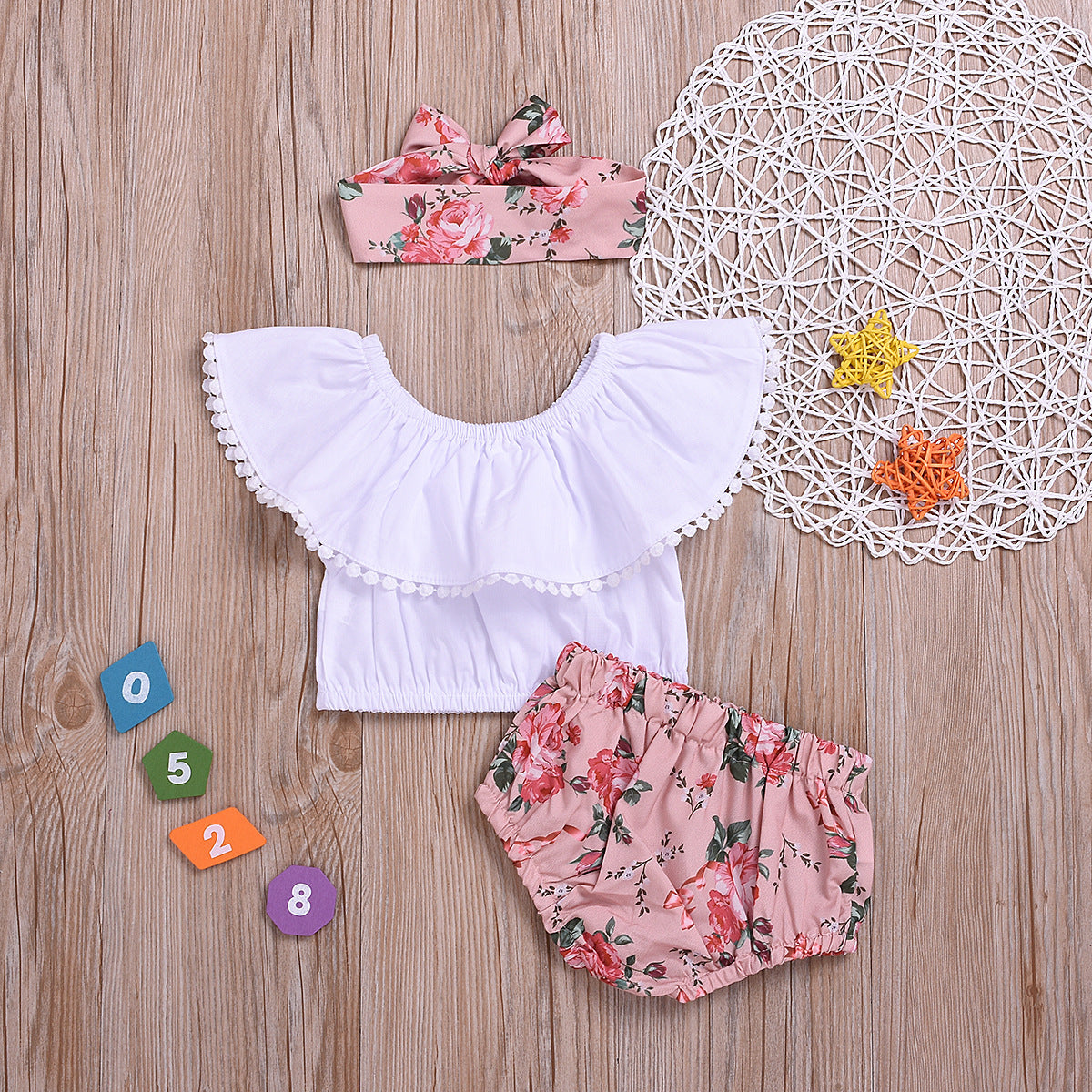 Two-color Baby Ruffled Collar Flower Shorts Headscarf Three-piece Set