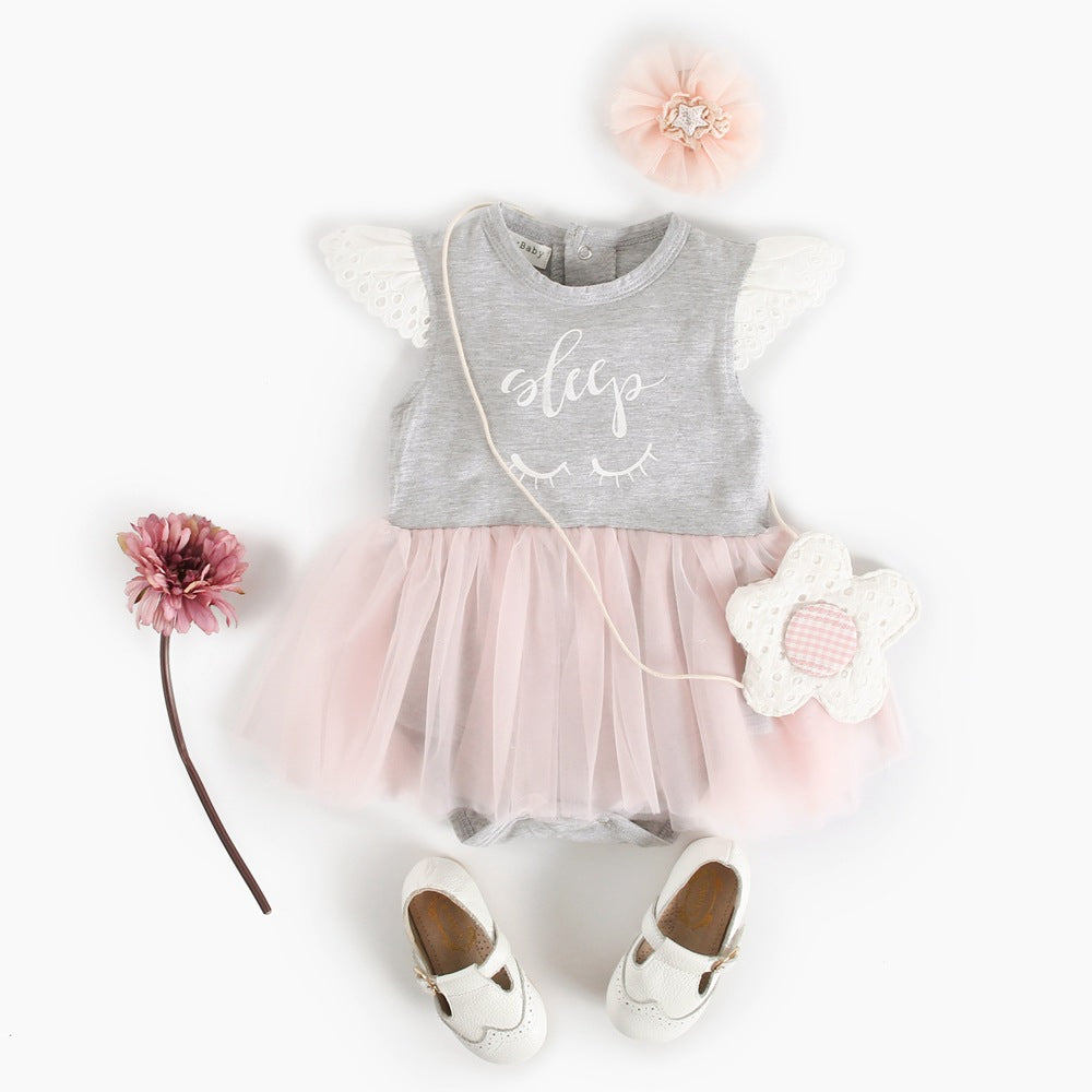 Summer Baby Princess Romper Cartoon Print Angel Sleeve Cotton Romper