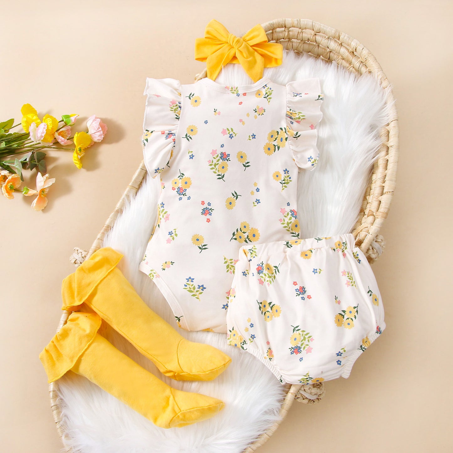 Ins Style Baby Clothing Four-piece Set With Floral Flying Sleeves