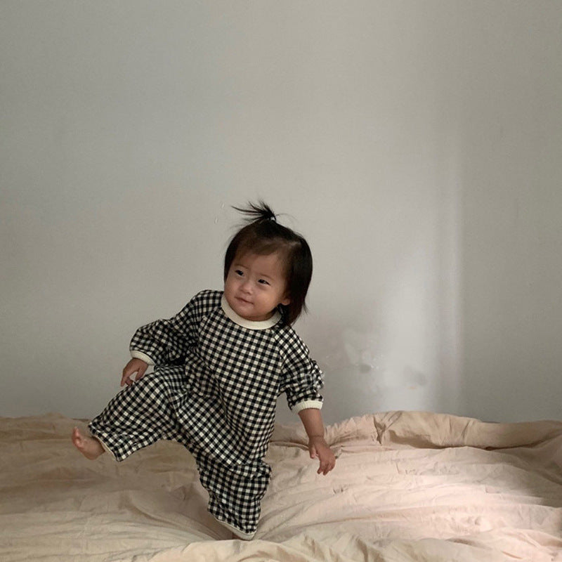 Autumn Newborn Baby Black And White Grid Loose Casual One-piece