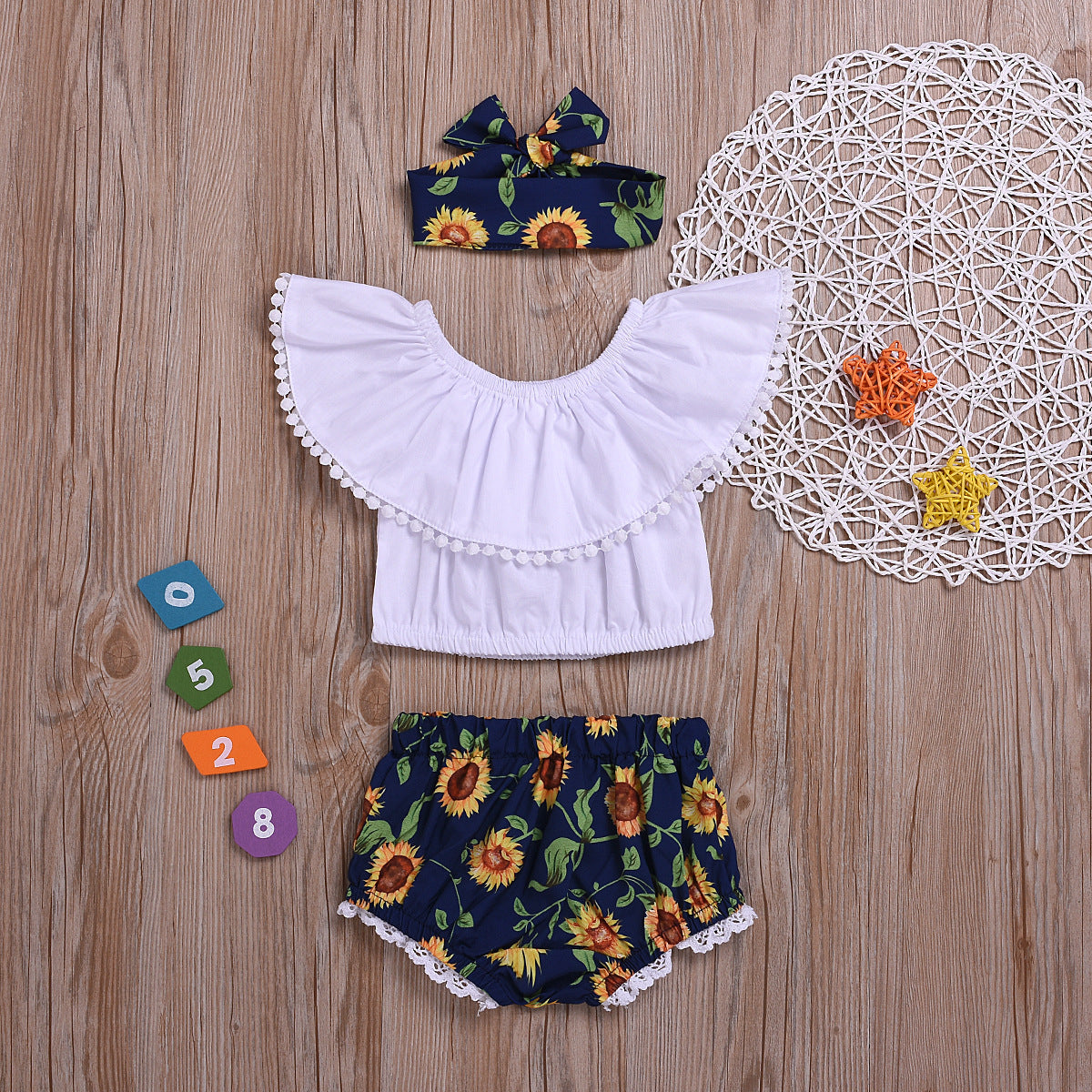 Two-color Baby Ruffled Collar Flower Shorts Headscarf Three-piece Set