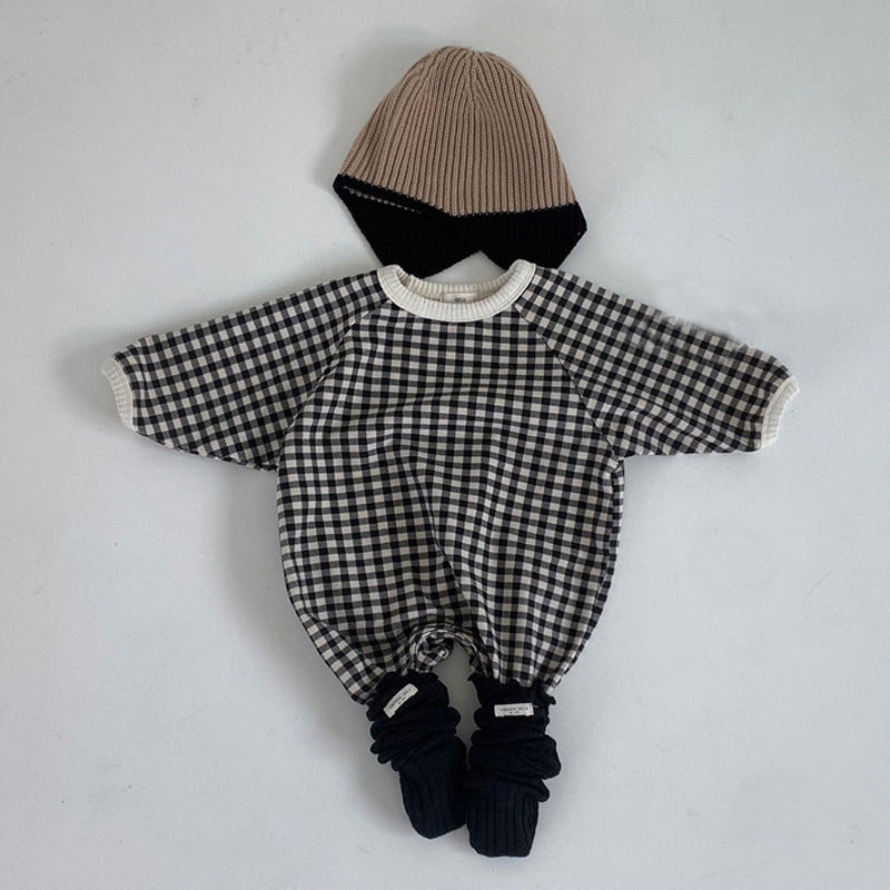 Autumn Newborn Baby Black And White Grid Loose Casual One-piece