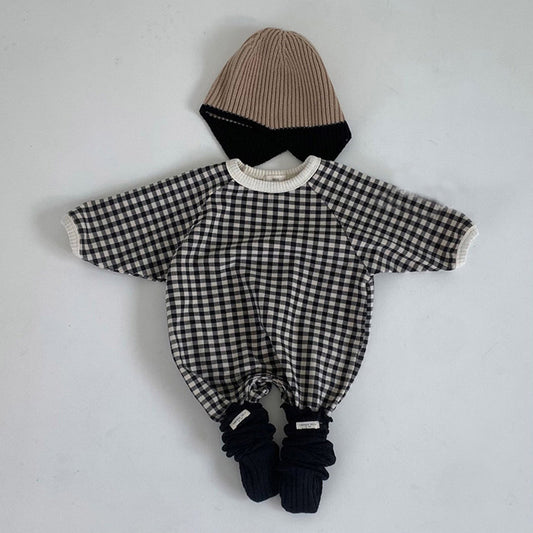 Autumn Newborn Baby Black And White Grid Loose Casual One-piece